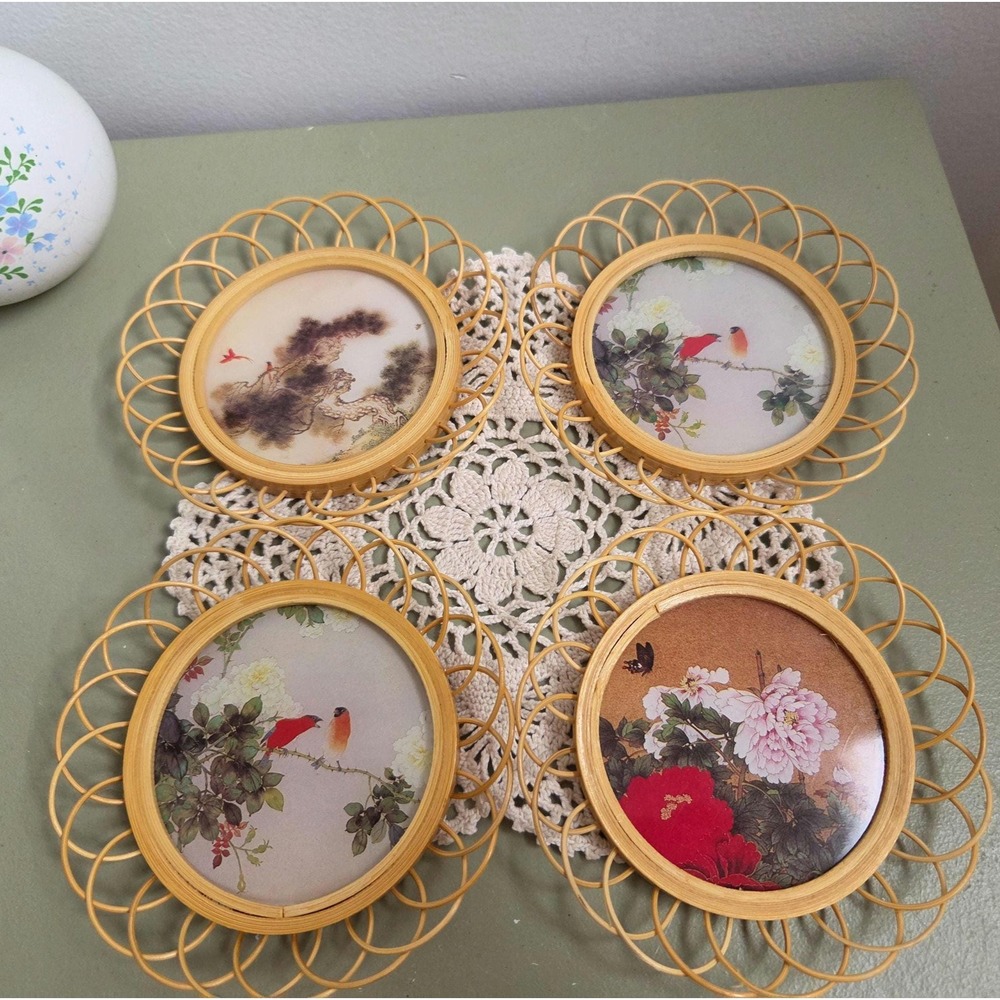 Vintage Wicker Coasters Set of 4 Floral Bird Prints Rattan Boho Decor